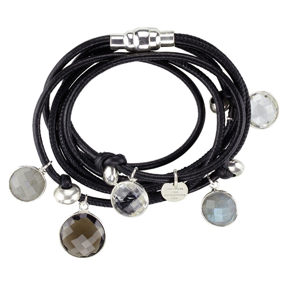 BEVEN LEDERARMBAND SCHWARZ RAUCHQUARZ