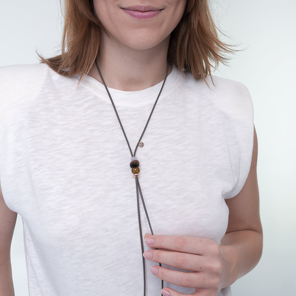 ANNY TRIO KETTE SCHLAMM grauer Mondstein/Tigerauge/ Citrin